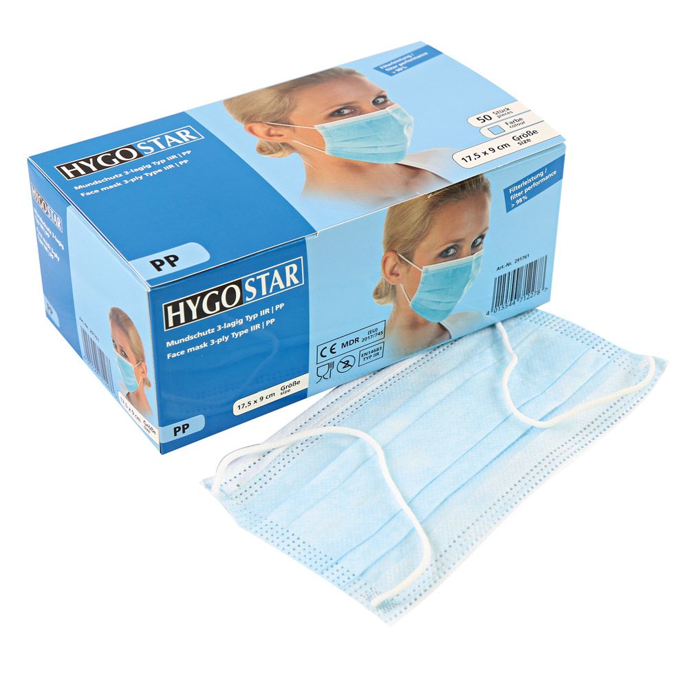 HYGOSTAR Mundschutz Typ 2R 3-lagig blau 50 Stk.